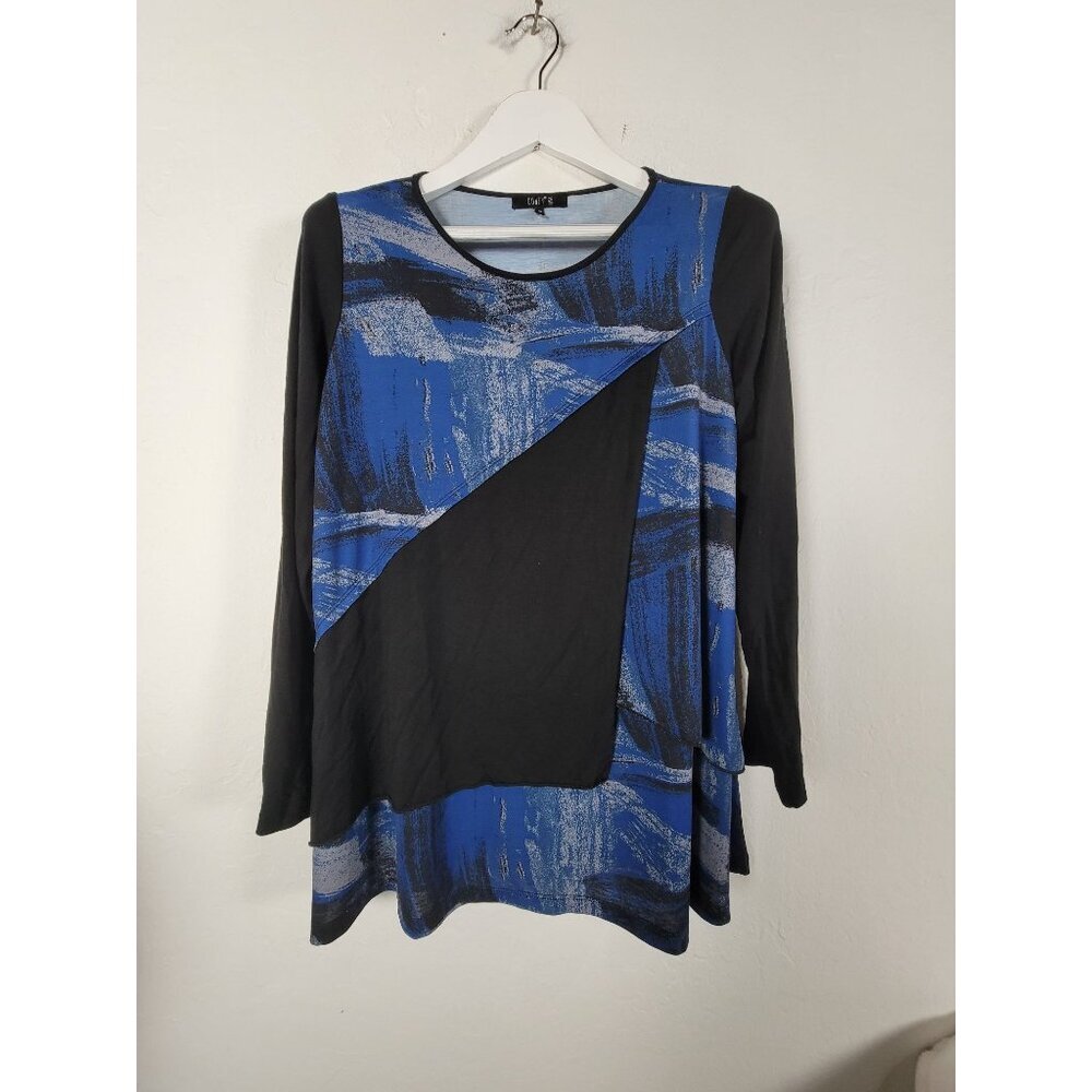 Comfy USA Womens Medium Long Sleeve Abstract Tunic Top Black Blue Asymmetric